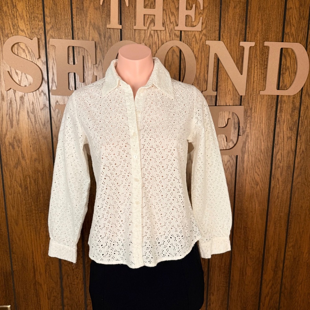 ICE Eyelet Lace Button Down Shirt Womens PS Cream Boho Western Cotton Top